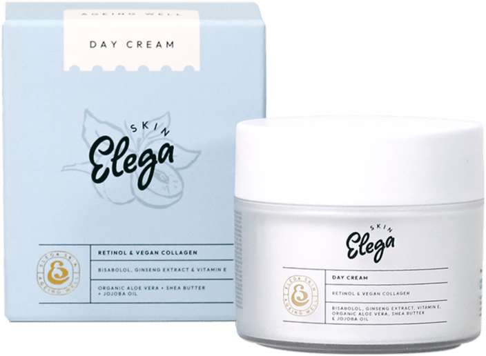 Skin Elega day cream jar and box with product information.